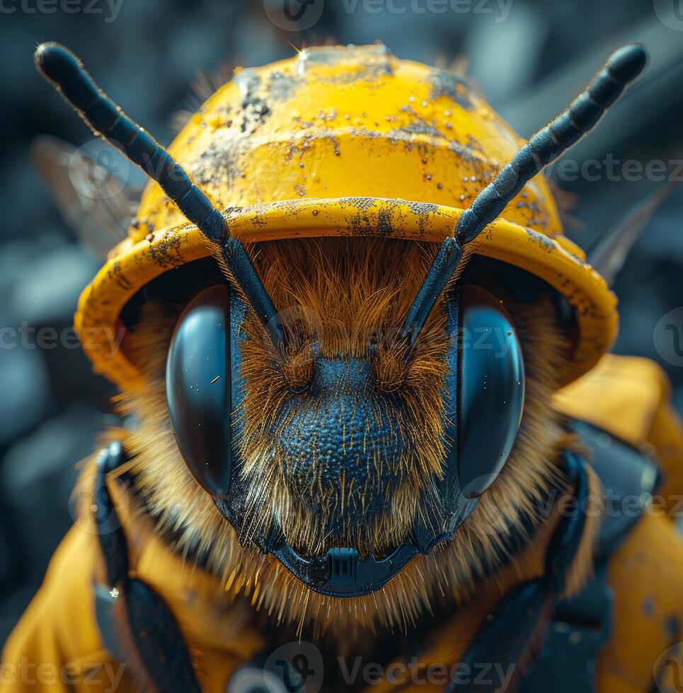 AI generated Bee in yellow helmet looks at the camera photo
