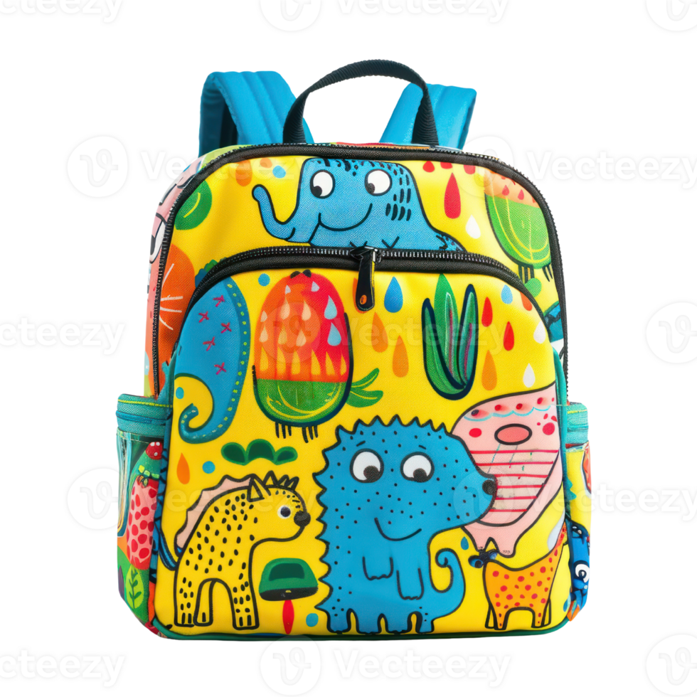 AI generated Colorful Kids Backpack with Featuring Playful Cartoon Designs isolated on transparent background. Child's School bag with Fun Characters cutout PNG