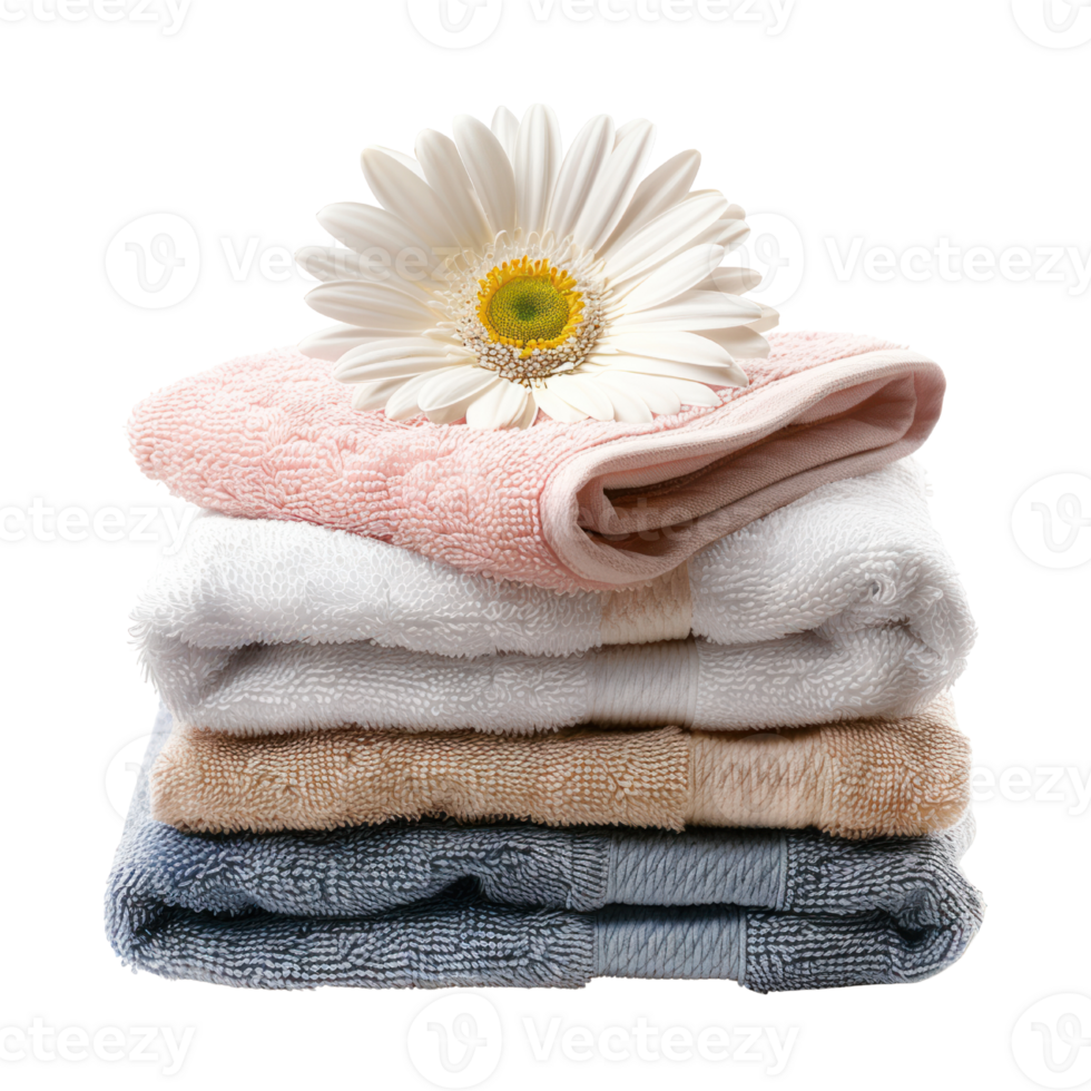 AI generated A neatly folded stack of clean towels with a flower on top isolated on transparent background png