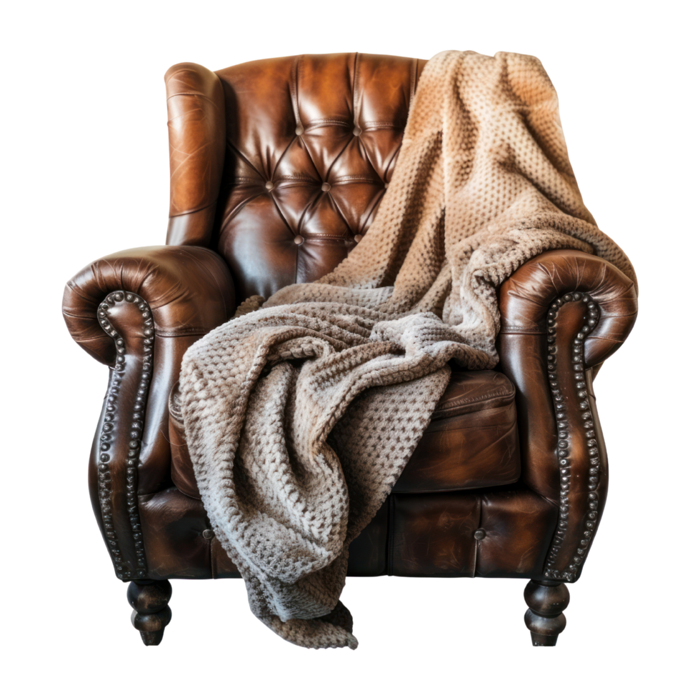 AI generated Cozy Throw Blanket on Leather Armchair Isolated on Transparent Background png