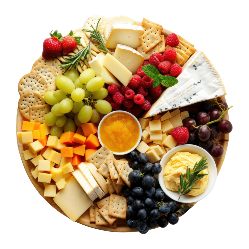 AI generated A gourmet cheese platter with a variety of cheeses, fruits, and crackers cutout PNG
