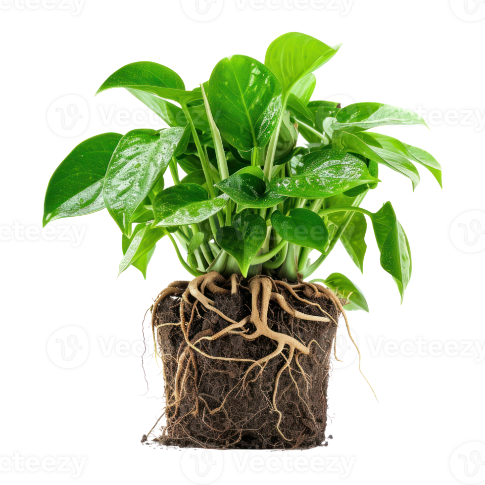 AI generated A potted houseplant with green leaves and a healthy root system isolated on transparent background. Modern plant with visible roots png