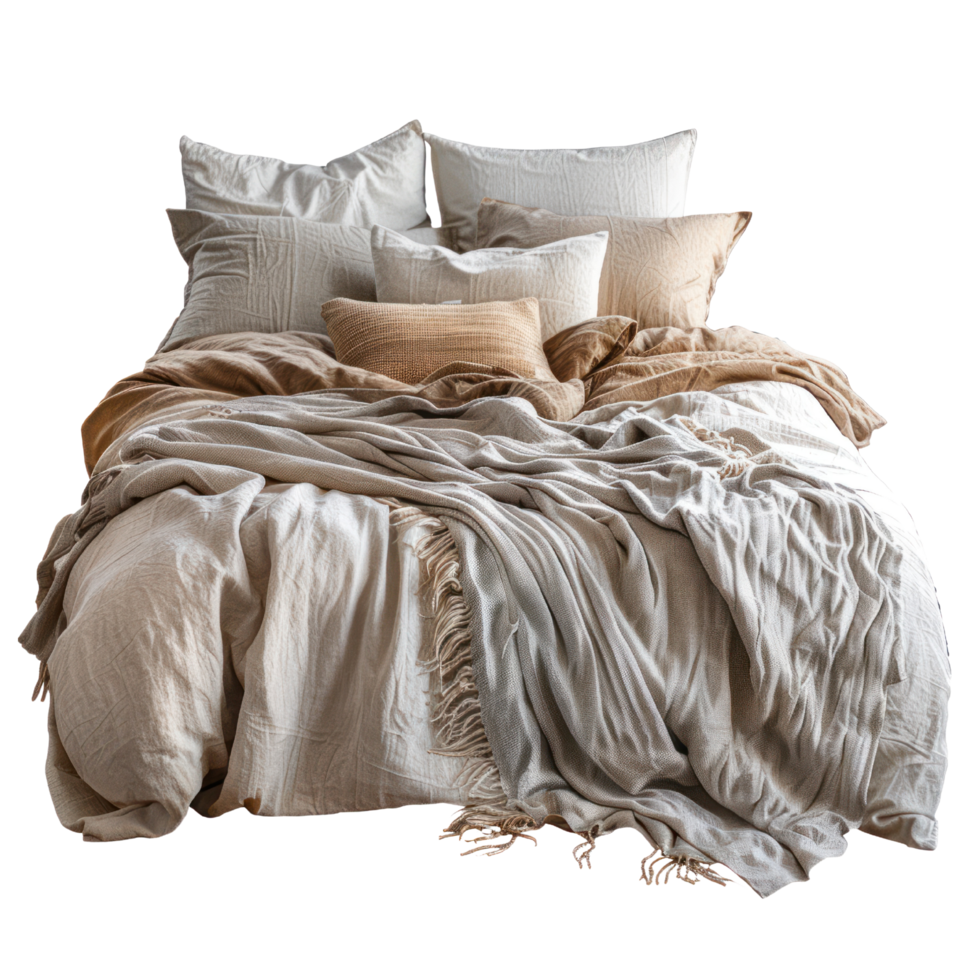 AI generated A comfortable messy bed with soft pillows, a fluffy duvet, and a cozy throw on Transparent Background. png