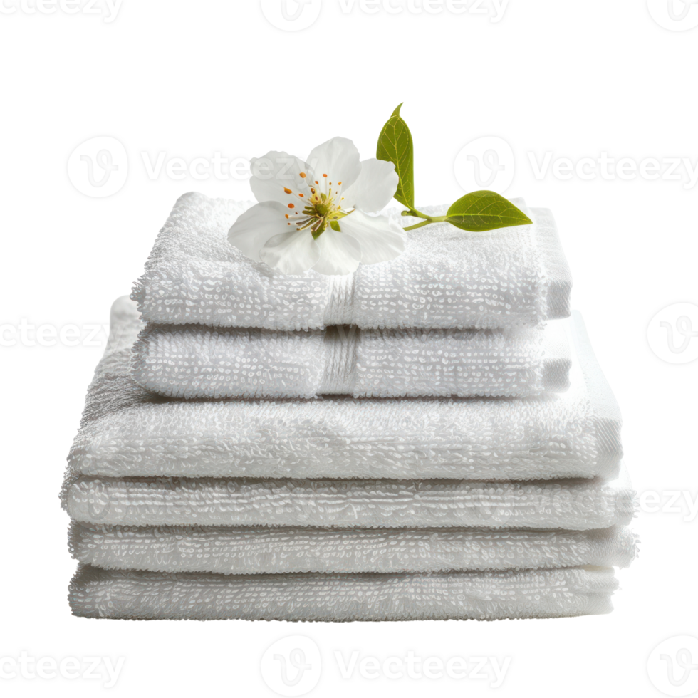 AI generated A neatly folded stack of clean white towels with a flower on top isolated on transparent background png
