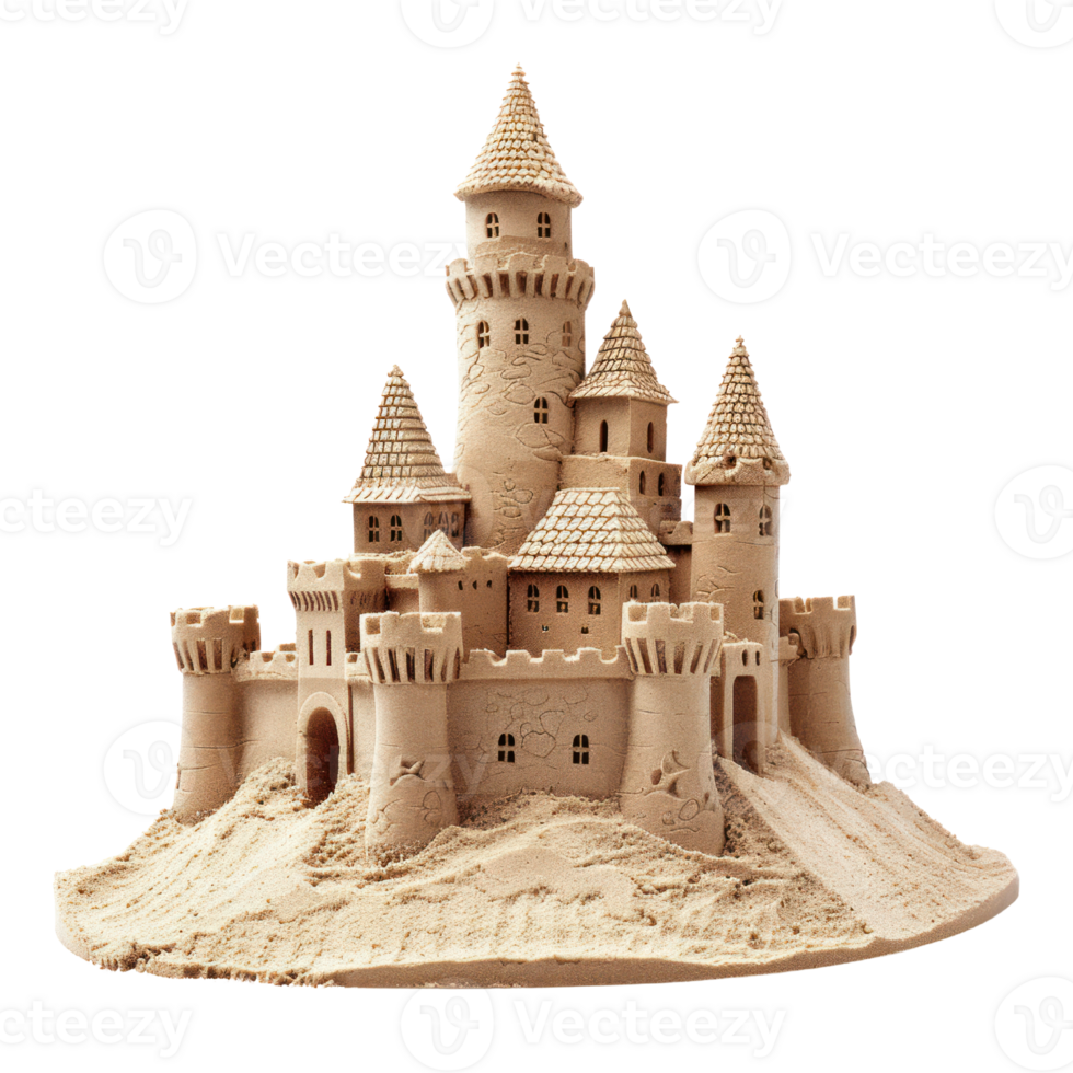 AI generated Beach Sandcastle with detailed Towers isolated on transparent background png