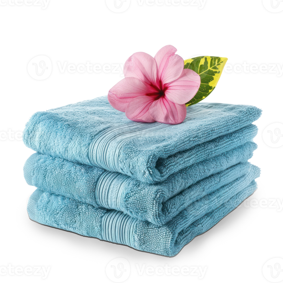 AI generated A neatly folded stack of clean towels with a flower on top isolated on transparent background png