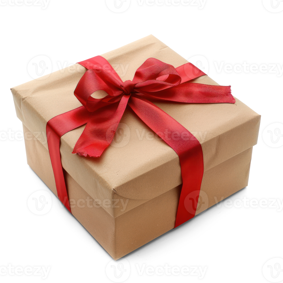 AI generated Brown Paper Gift Box with Red Ribbon isolated on Transparent Background. png