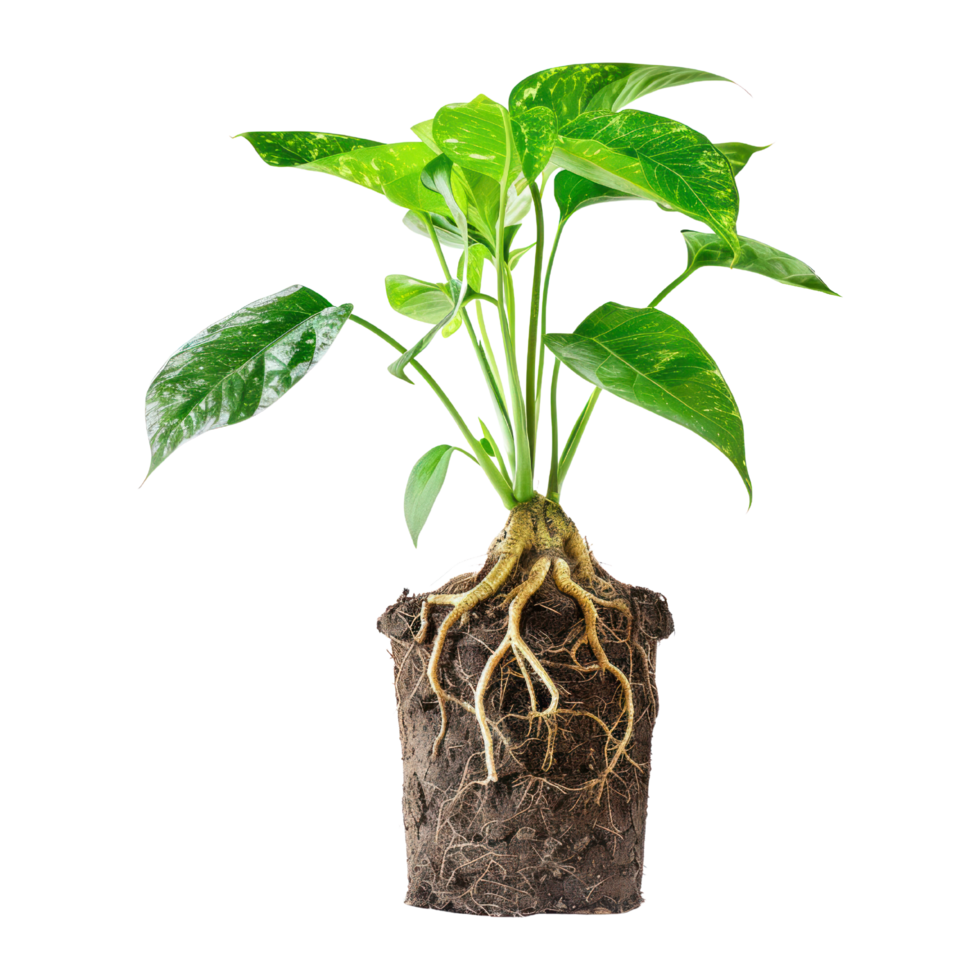 AI generated A potted houseplant with a healthy root system isolated on transparent background. Modern Indoor plant with visible roots in soil png
