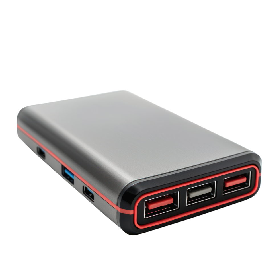 AI generated A portable power bank with multiple charging ports isolated on transparent background png