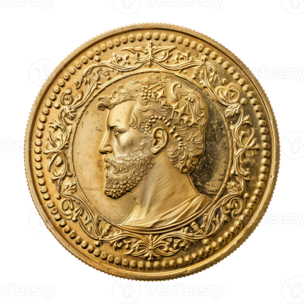 AI generated Ancient Gold Coin with Man Silhouette. Antique Golden Coin isolated on transparent background png
