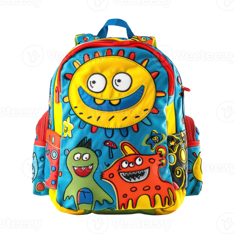AI generated Colorful Kids Backpack with Featuring Playful Cartoon Designs isolated on transparent background. Child's School bag with Fun Characters cutout PNG