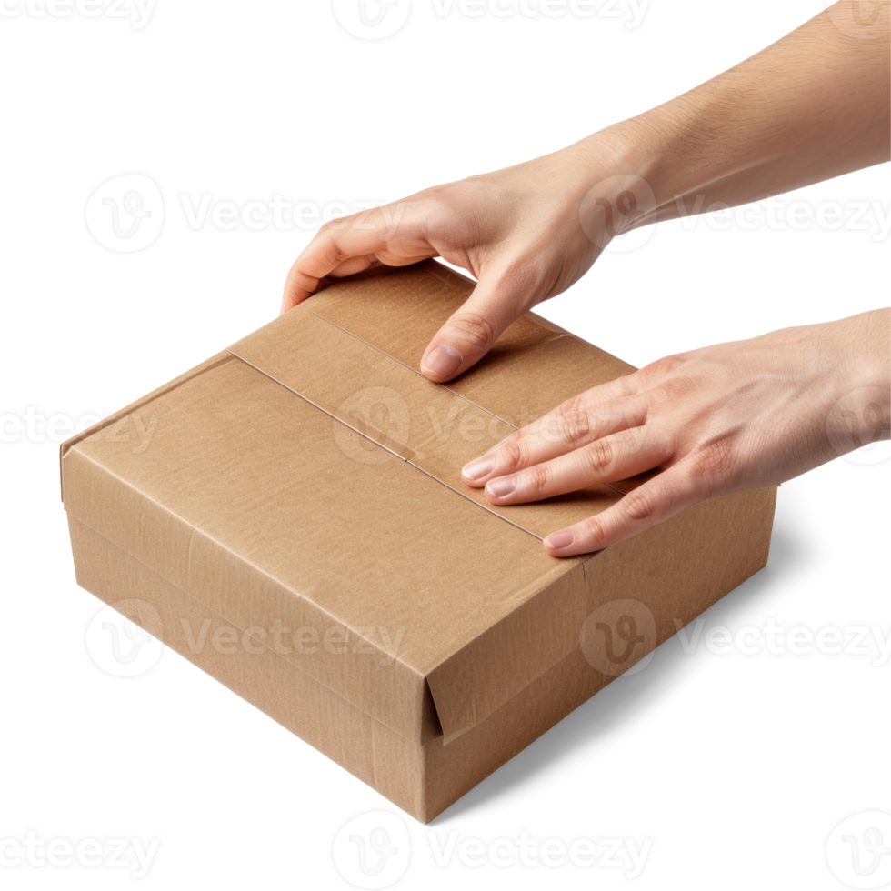 AI generated Closeup of Hand unboxing a Brand New Product Cardboard Box Package isolated on transparent background png