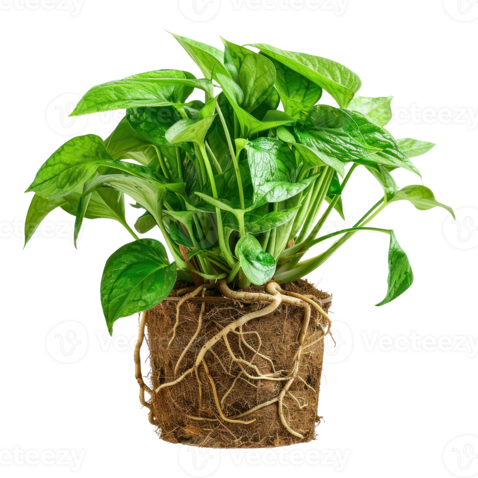 AI generated A potted houseplant with green leaves and a healthy root system isolated on transparent background. Modern plant with visible roots png