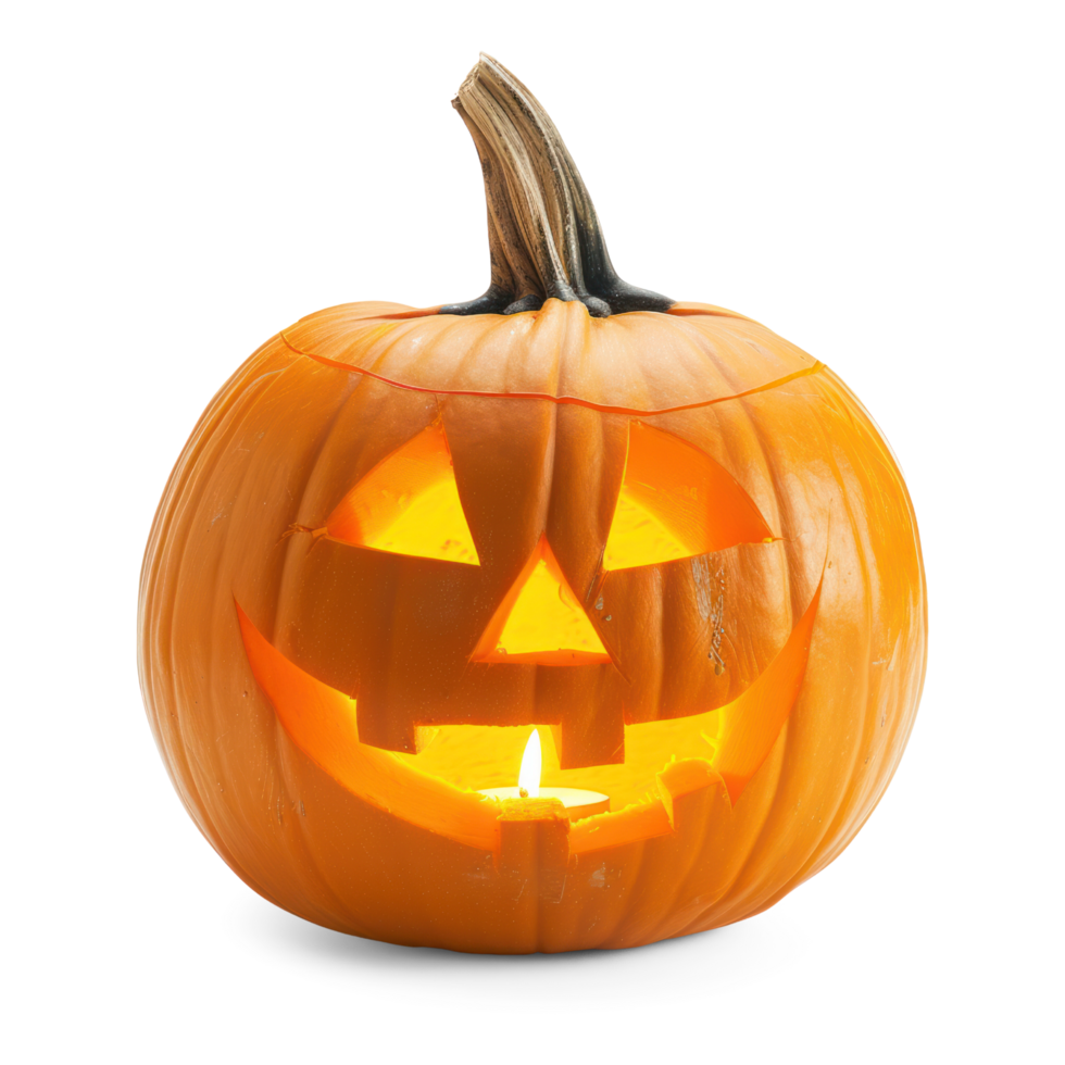 ai generiert ein geschnitzt Kürbis mit ein glühend Kerze innen, isoliert auf transparent Hintergrund. gespenstisch Halloween Dekoration Kürbis ausgeschnitten Clip Art png