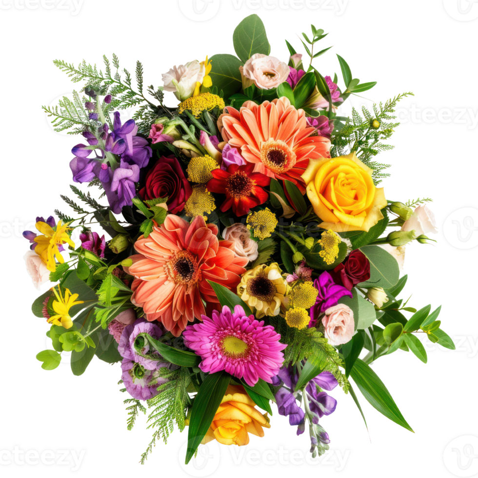 AI generated Flower arrangement with fresh flowers with colorful blooms and vibrant greenery isolated on transparent background. A bouquet of fresh flowers cutout PNG