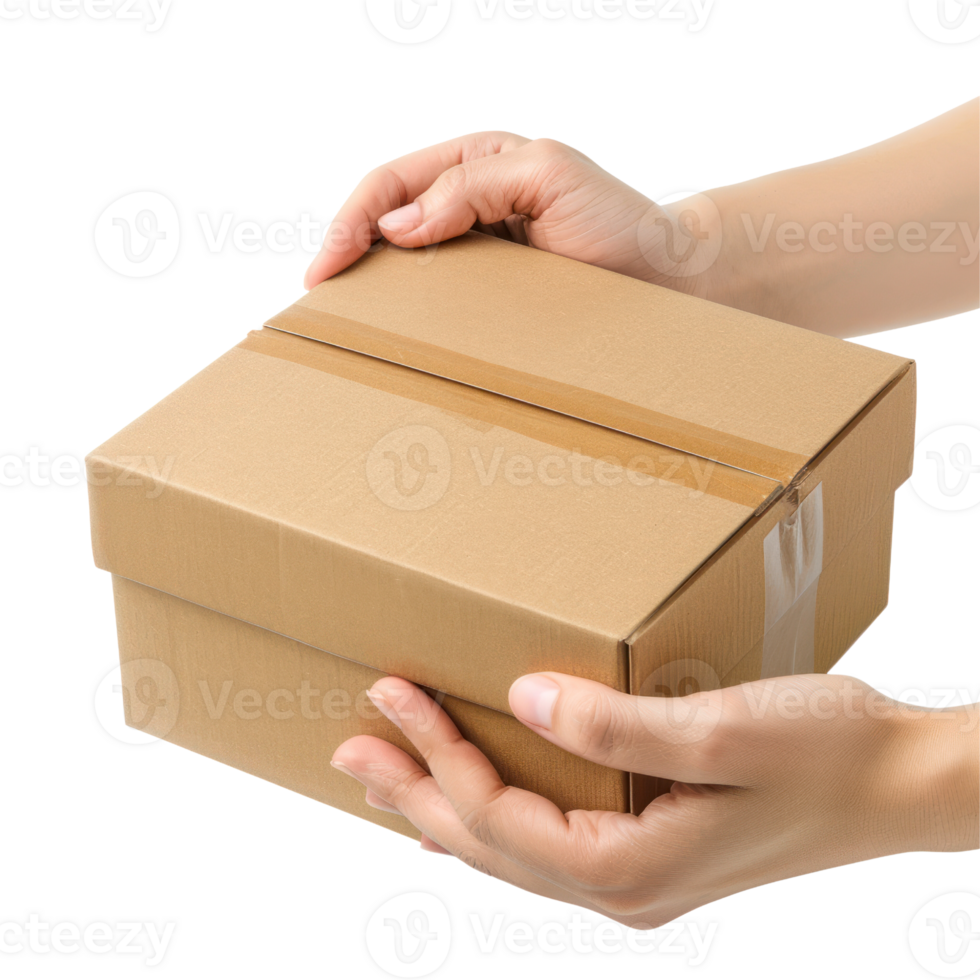 AI generated Closeup of Hand unboxing a Brand New Product Cardboard Box Package isolated on transparent background png