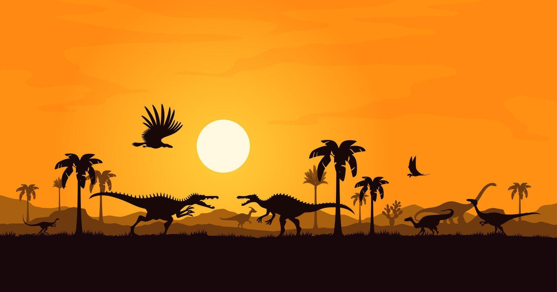 Spinosaurus battle, dinosaur characters silhouette vector