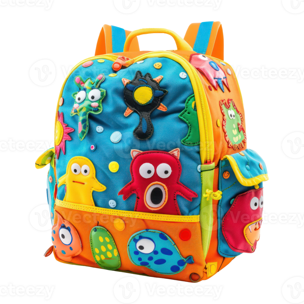 AI generated Colorful Kids Backpack with Featuring Playful Cartoon Designs isolated on transparent background. Child's School bag with Fun Characters cutout PNG