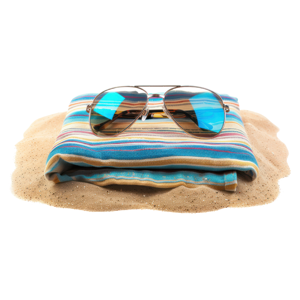 ai generiert modisch Sonnenbrille auf ein Strand Handtuch isoliert auf transparent Hintergrund. Sommer- das Wesentliche Strand Stimmung ausgeschnitten png