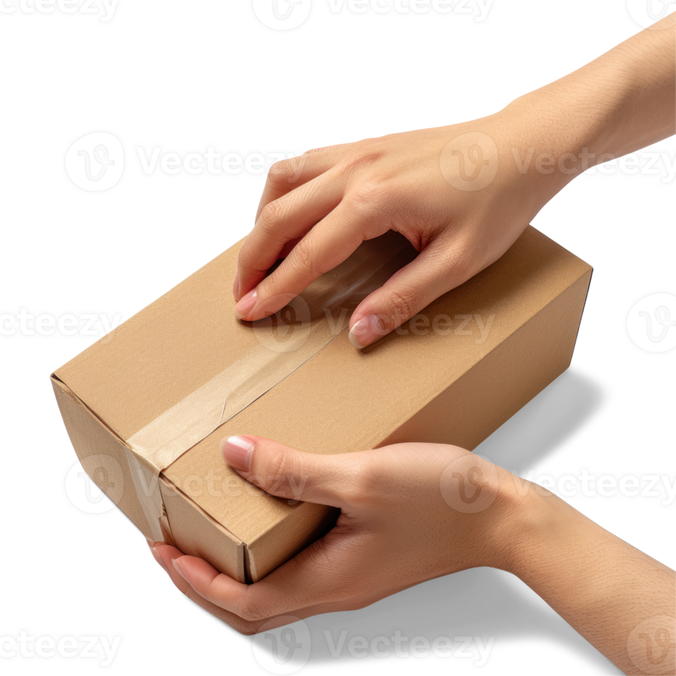 AI generated Closeup of Hand with Cardboard Box Package isolated on transparent background png