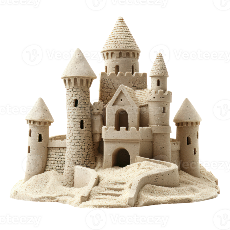 AI generated Beach Sandcastle with detailed Towers isolated on transparent background png