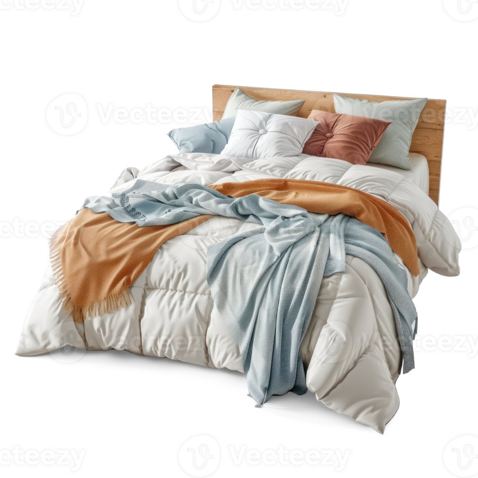 AI generated A comfortable messy bed with soft pillows, a fluffy duvet, and a cozy throw on Transparent Background. png
