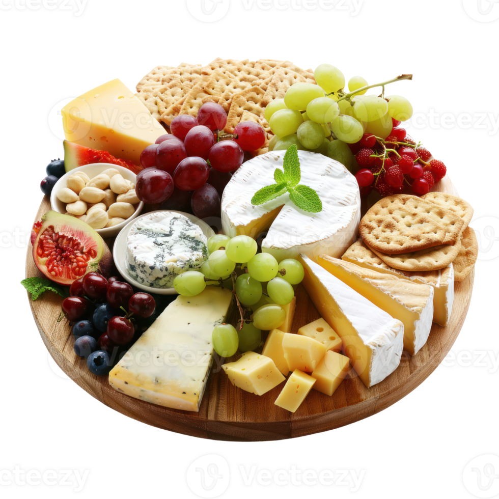 AI generated A gourmet cheese platter with a variety of cheeses, fruits, and crackers cutout PNG