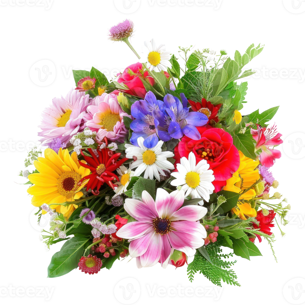 ai gegenereerd bloem arrangement met vers bloemen met kleurrijk bloei en levendig groen geïsoleerd Aan transparant achtergrond png