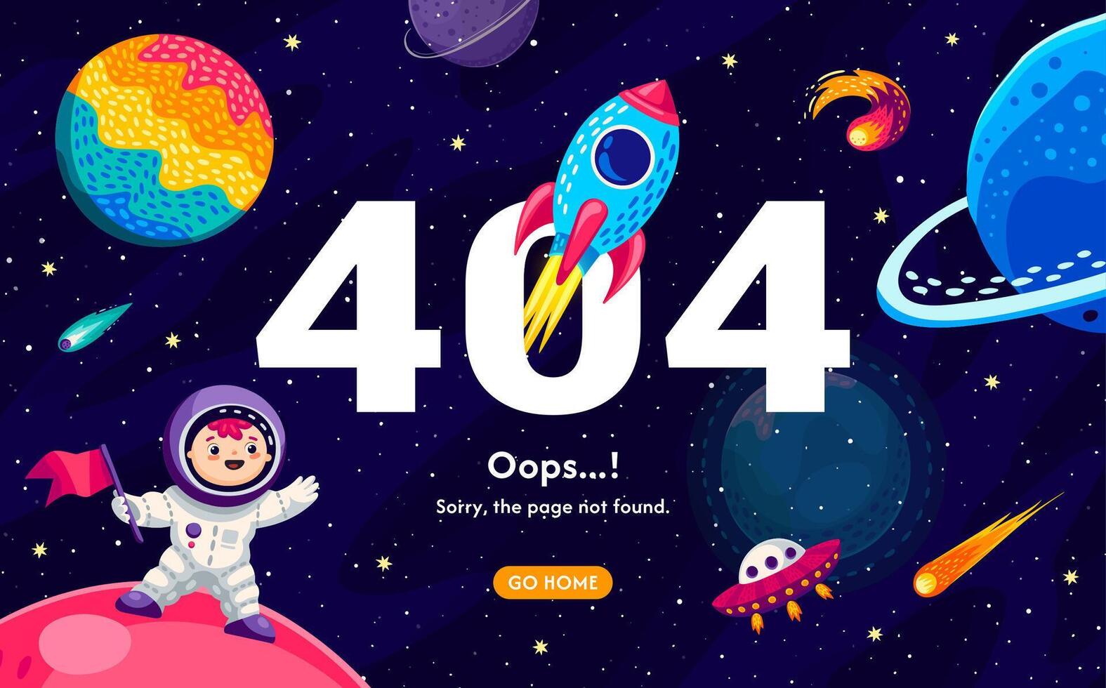 404 page, galaxy space landscape, stars, planets vector