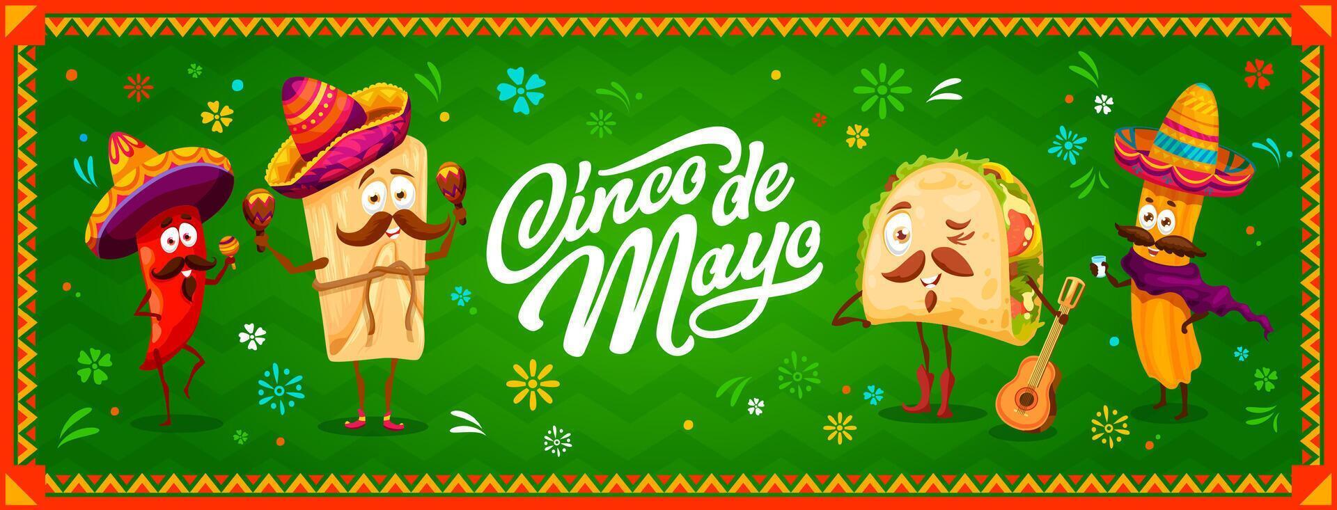 Cinco de mayo banner with mexican food characters vector