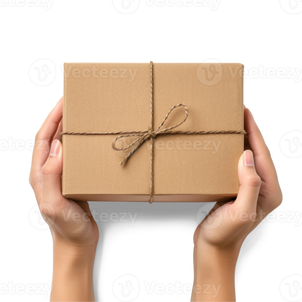 AI generated Closeup of Hand unboxing a Brand New Product Cardboard Box Package isolated on transparent background png