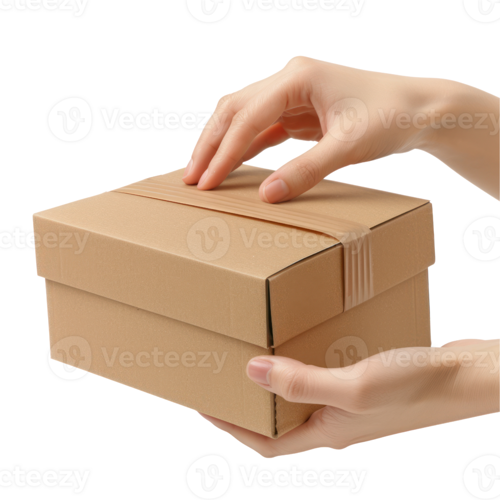 AI generated Closeup of Hand with Cardboard Box Package isolated on transparent background png