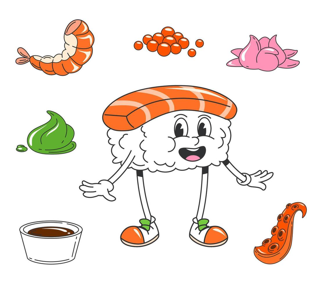 Cartoon funny groovy Japanese sushi character vector