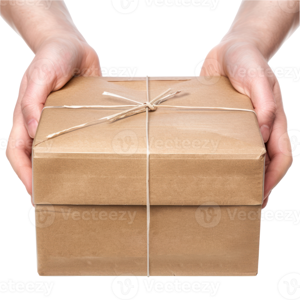 AI generated Closeup of Hand with Cardboard Box Package isolated on transparent background png