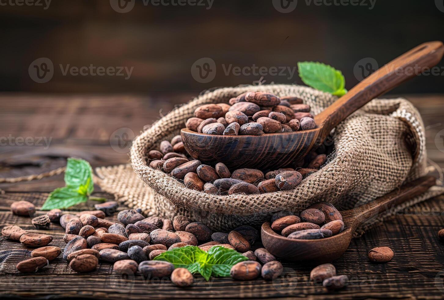 AI generated Roasted cocoa beans in burlap bag on wooden background with copy space photo
