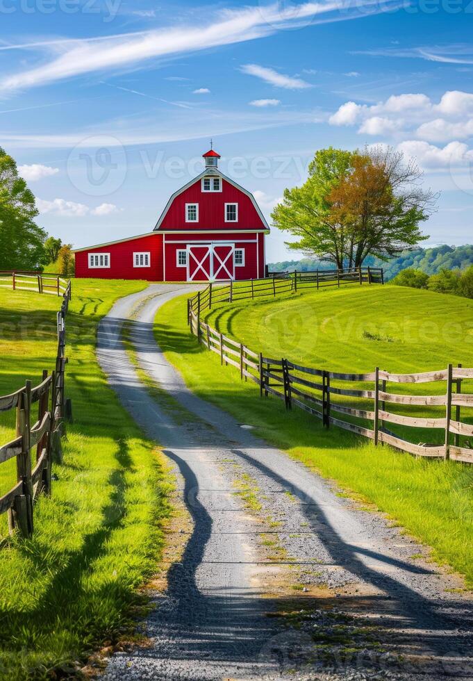 AI generated Red barn and gravel road running through farmland at sunset on sunny summer evening photo