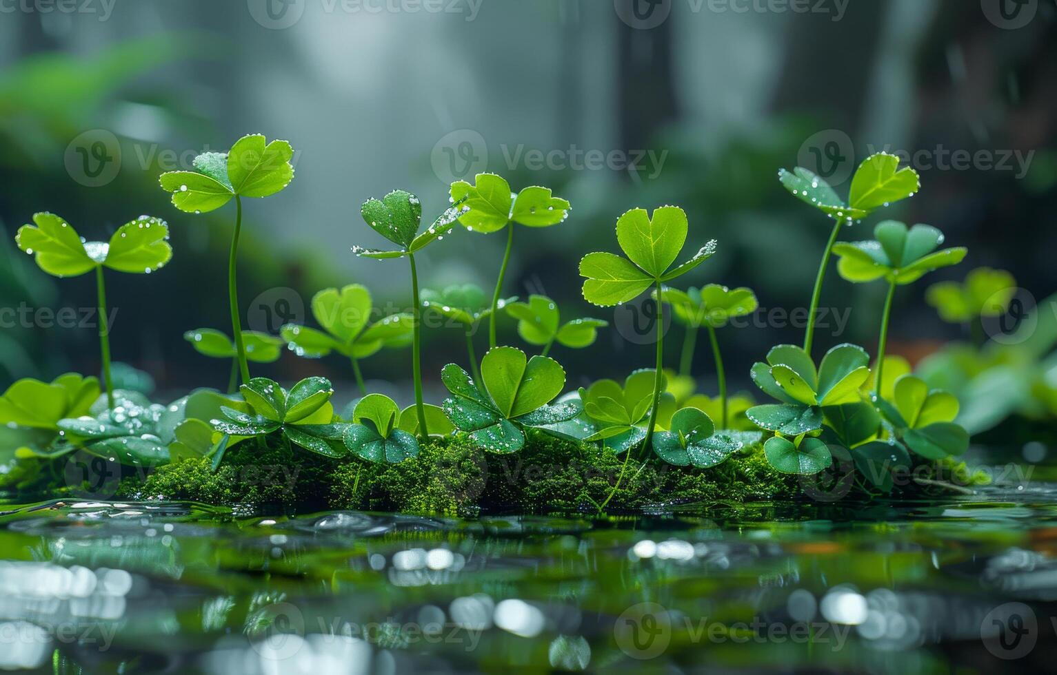 AI generated Green plants and flowers in the swamp. A shamrock leaves photo