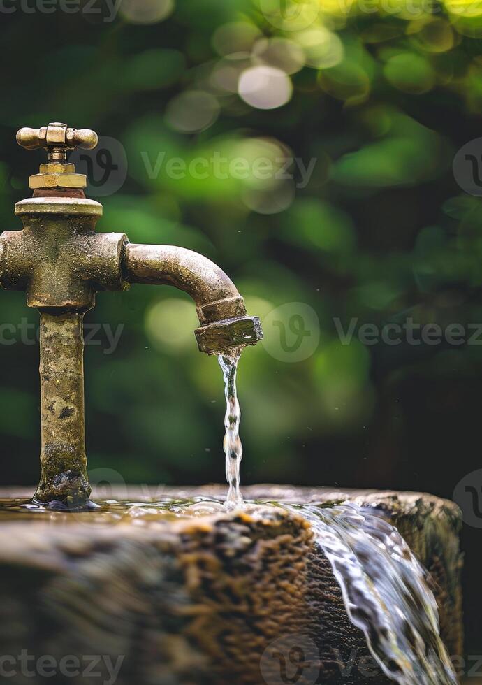 ai generado agua fluye desde el antiguo oxidado tubo foto