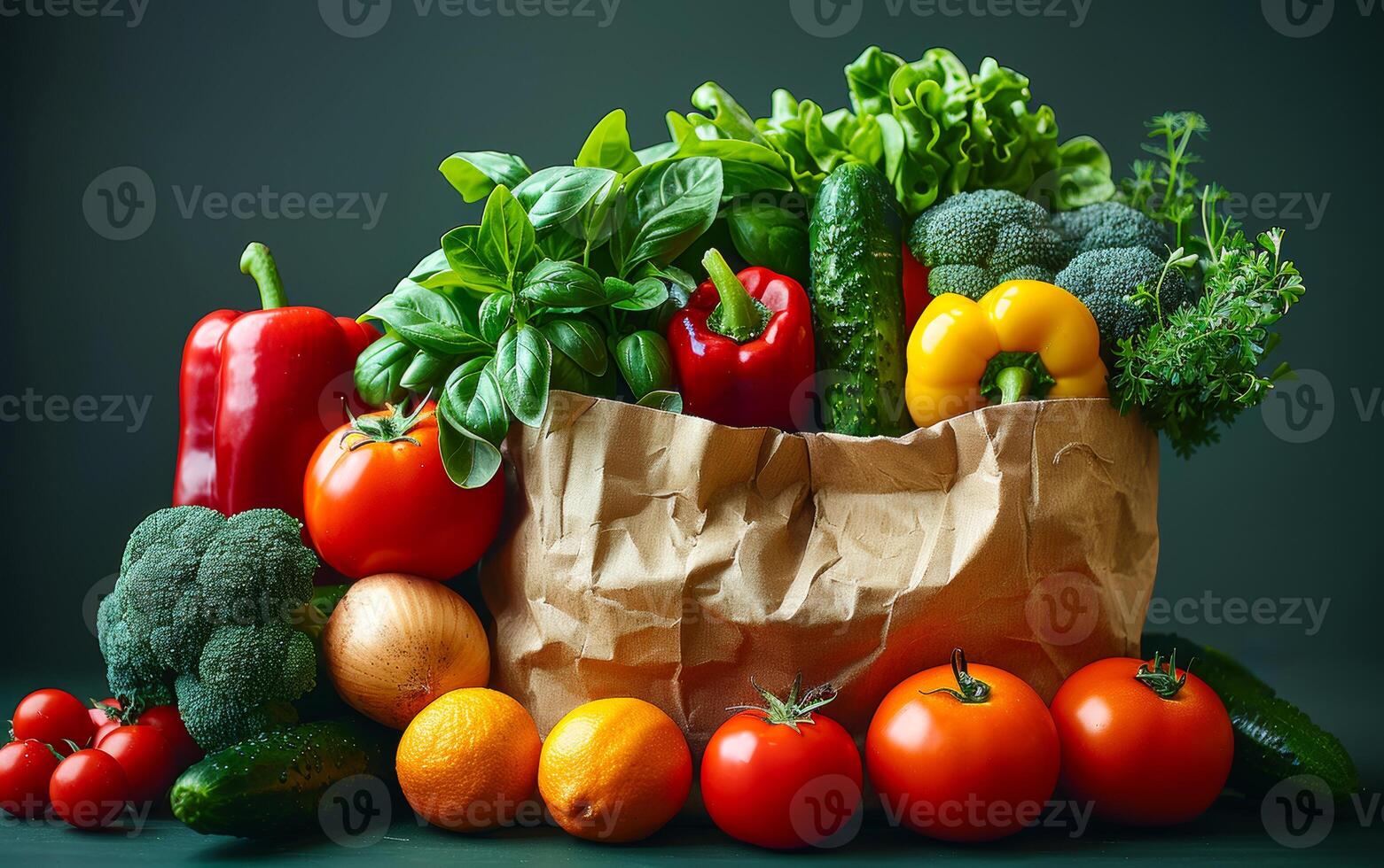 AI generated Assorted raw organic vegetables in paper shopping bag on green background photo