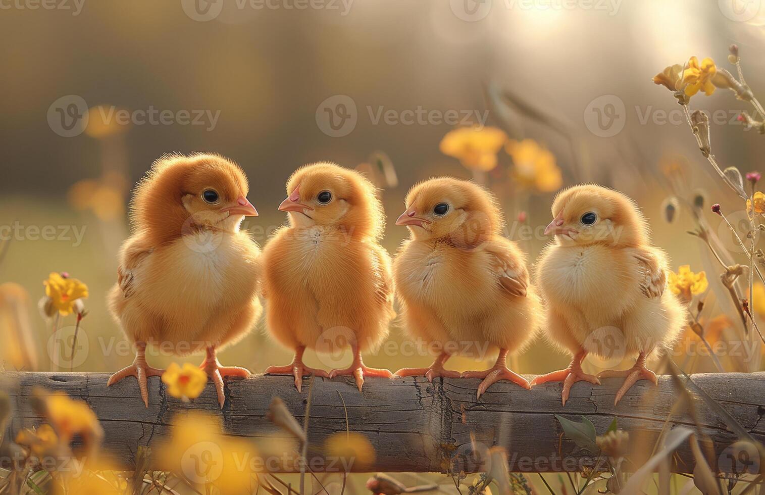 AI generated Four little chicks on wooden fence in the grass. A little chickens walking on the fence near grass photo
