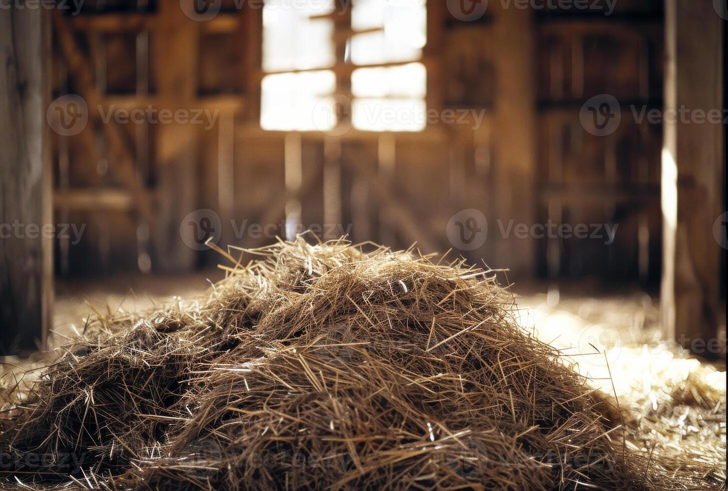 AI generated Hay in the barn and sunlight coming through the window photo