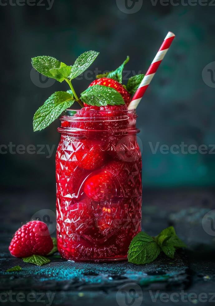 AI generated Fresh raspberry smoothie in mason jar with straw against dark background photo