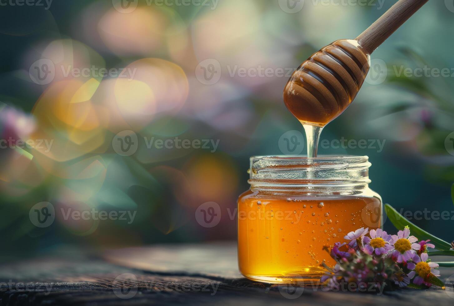 AI generated Honey dripping from wooden honey dipper in jar on blurred background of flowers summer nature photo