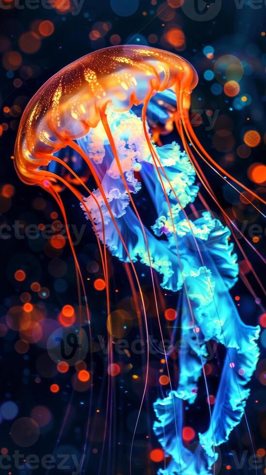 AI generated Jellyfish swims in the ocean. Dangerous blue jellyfish photo