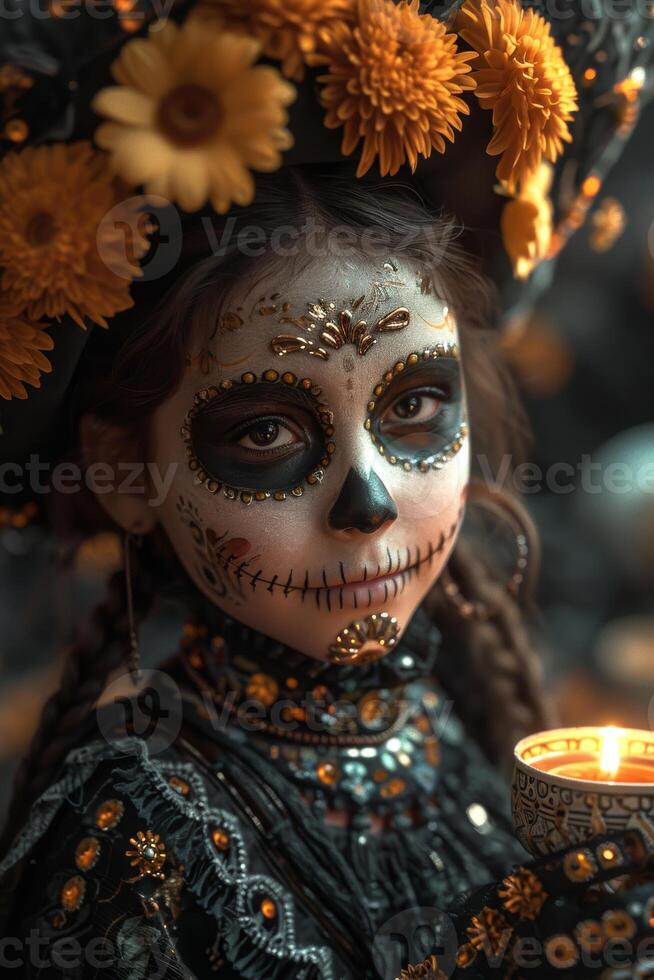 ai generado un pequeño niña en azúcar cráneo maquillaje participación un vela y vistiendo flores foto
