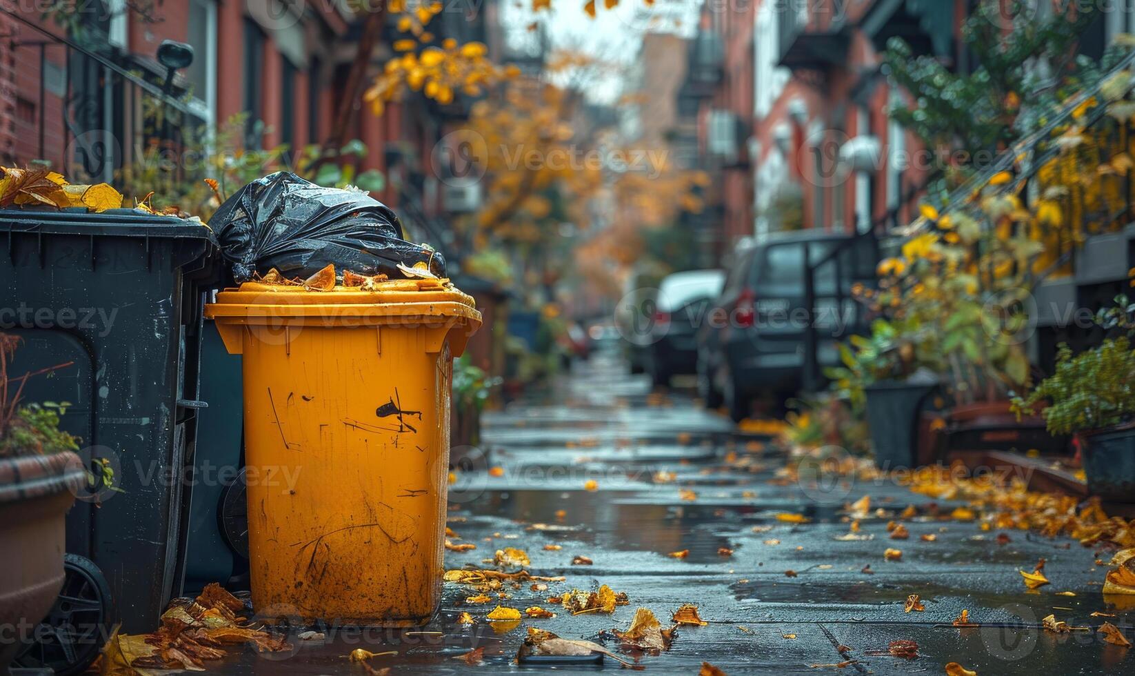 AI generated Yellow trash can and garbage bag on the street in autumn photo