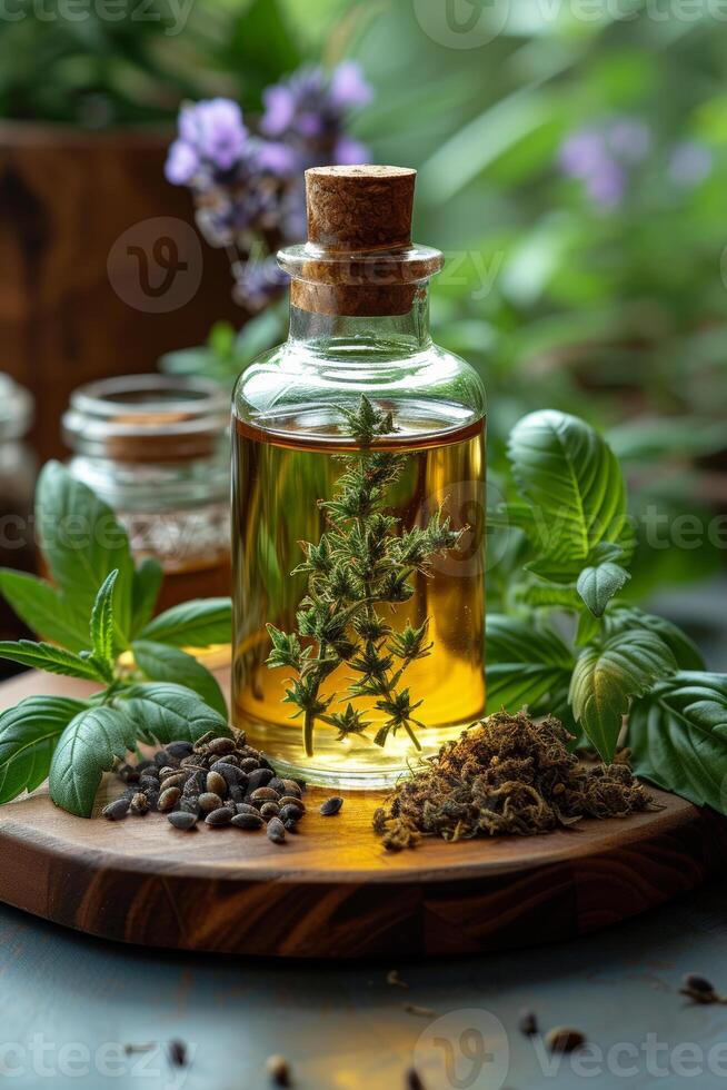 AI generated Bottle of peppermint essential oil with fresh peppermint cloves and dried peppermint leaves photo