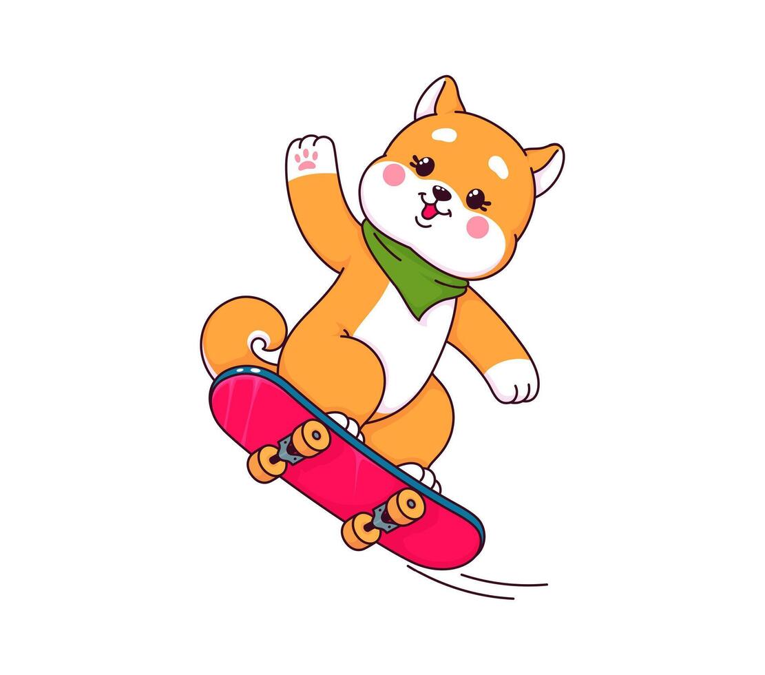 japonés kawaii shiba inu Patinaje en patineta vector