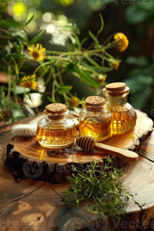 AI generated Three bottles of natural honey with dipper on wooden table in the garden photo