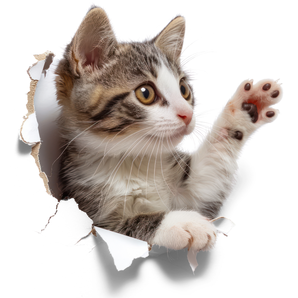 ai généré espiègle chat dans déchiré papier trou. chat furtivement par papier transparent coupé png